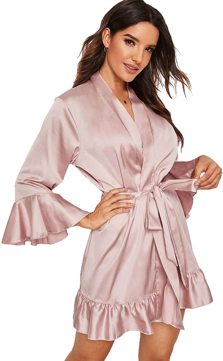 Floerns Women'S Ruffle Hem Belted Satin Kimono Bridesmaids Robe Apparel & Accessories > Clothing > Sleepwear & Loungewear > Robes Floerns   