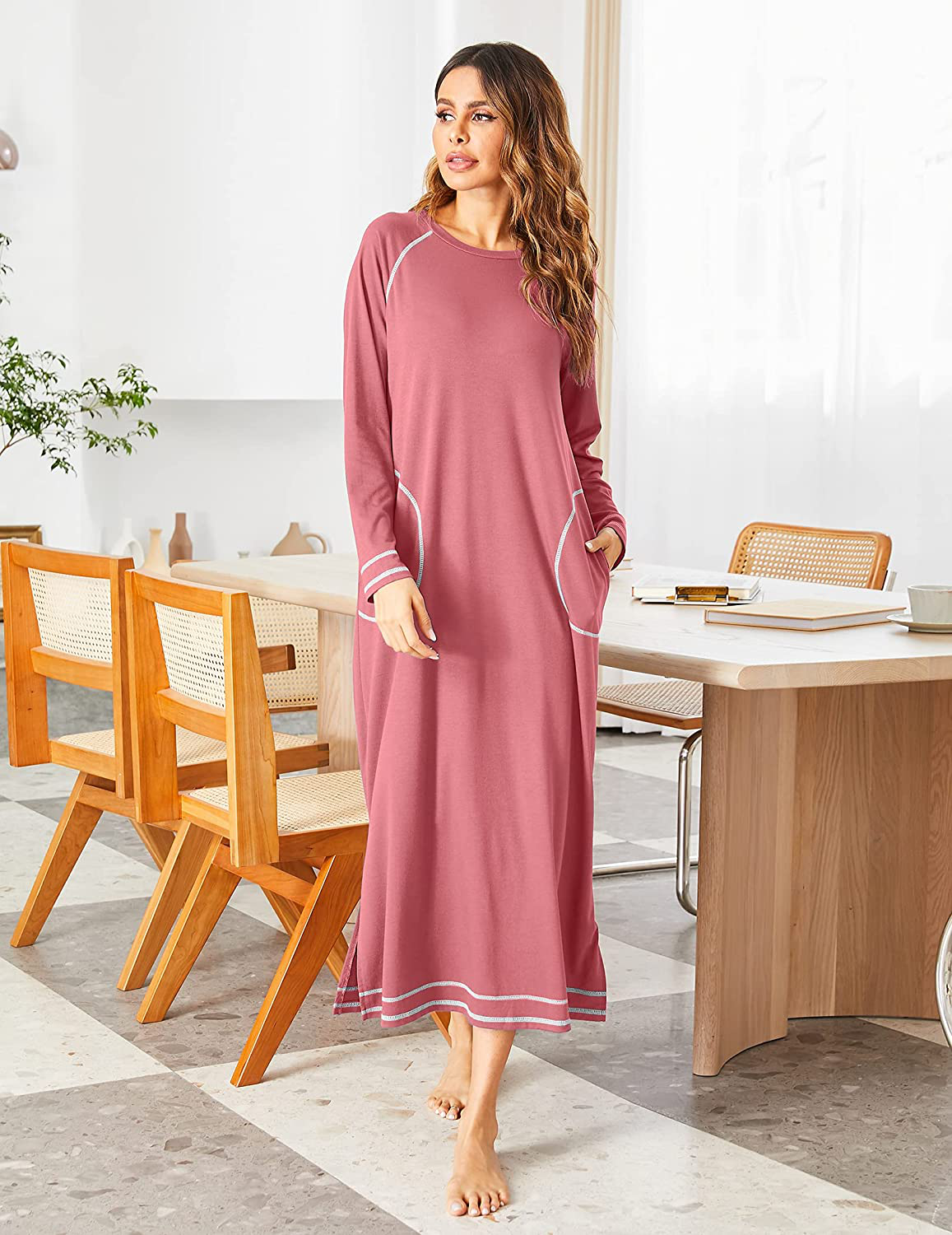 Ekouaer Women'S Nightshirt Long Sleeve Nightgown round Neck Sleepwear Full Length Pajama Dress with Pockets Loungewear S-XXL Apparel & Accessories > Clothing > Sleepwear & Loungewear > Nightgowns Kylie Max   