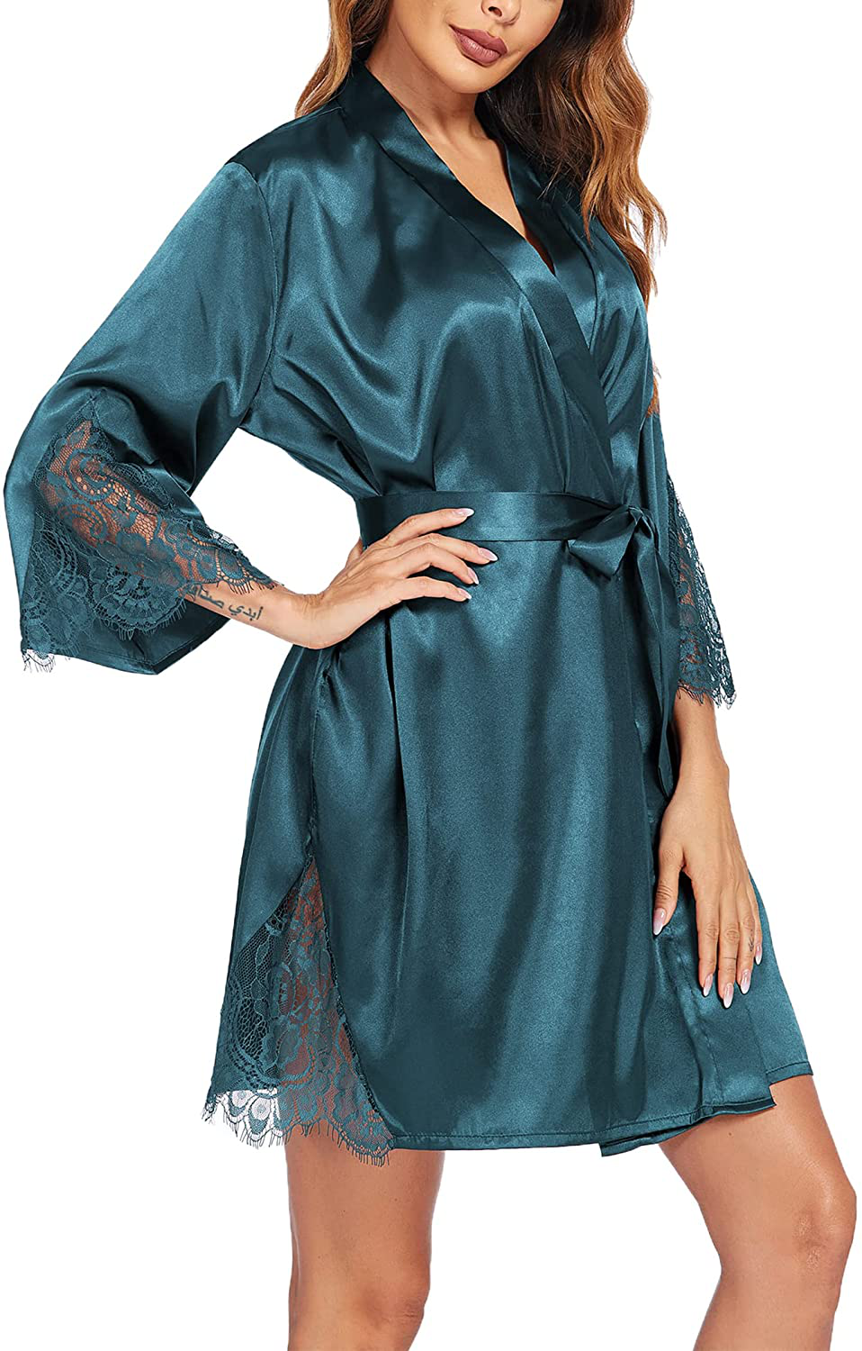 Ekouaer Womens Silk Robes Satin Bathrobe Lace-Trim Bride Party Loungewear Bridesmaids Kimono Robes Apparel & Accessories > Clothing > Sleepwear & Loungewear > Robes Ekouaer   