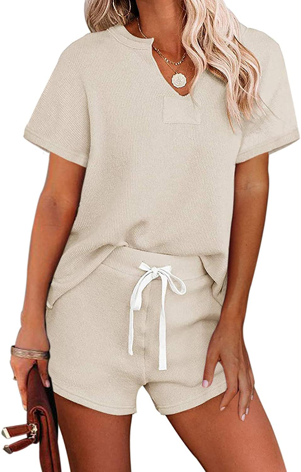 MEROKEETY Women's Long Sleeve Pajama Set Henley Knit Tops and Shorts Sleepwear Loungewear Apparel & Accessories > Clothing > Sleepwear & Loungewear > Pajamas MEROKEETY B-shortbeige XX-Large 