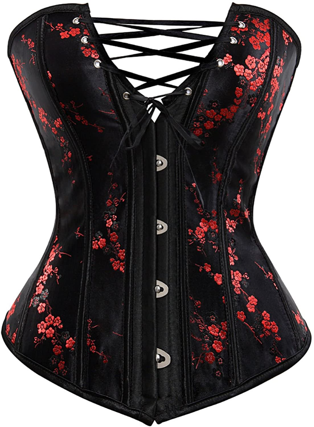 Corset Top Bustier Women'S Overbust Satin Floral Lace up Trim plus Size Bodyshaper Apparel & Accessories > Clothing > Underwear & Socks > Lingerie jutrisujo Black-6180 XX-Large 