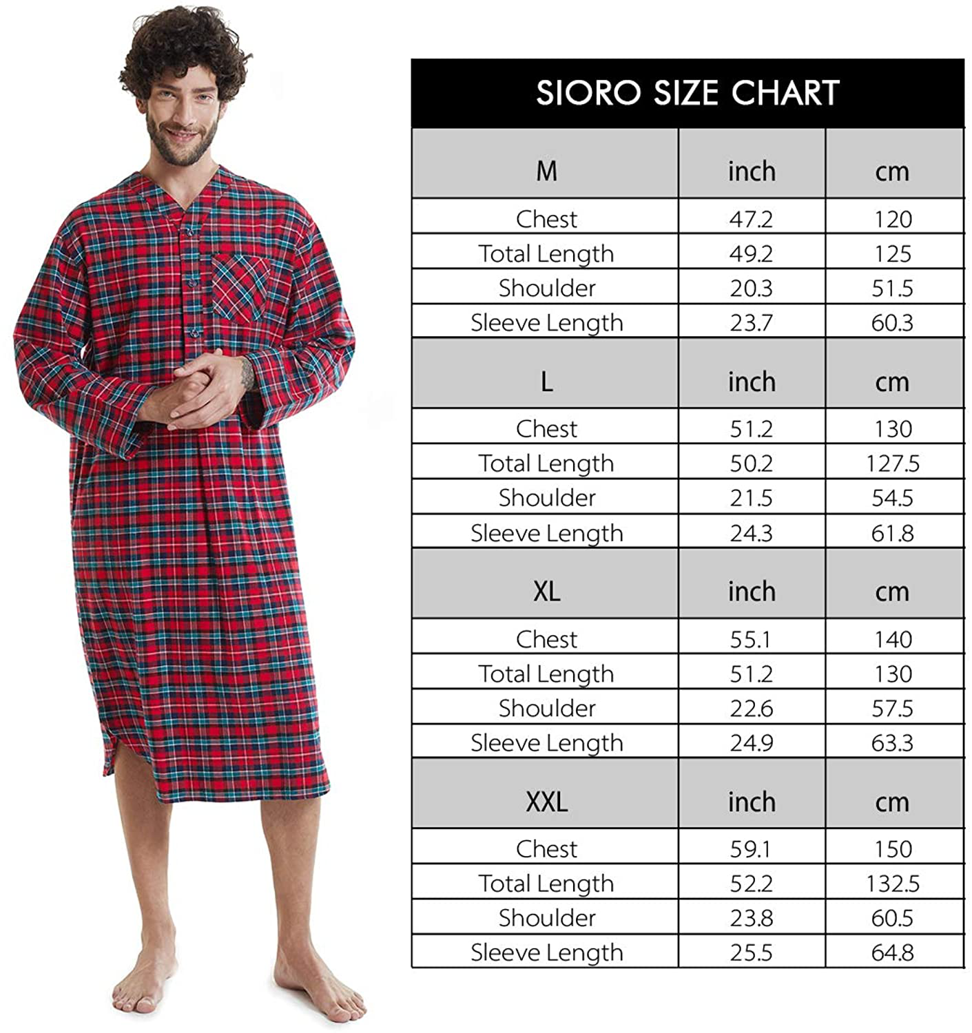SIORO Men'S Flannel Nightshirt Plaid Cotton Nightwear Loose Pajama Sleep Shirt Apparel & Accessories > Clothing > Sleepwear & Loungewear > Nightgowns Kylie Max   