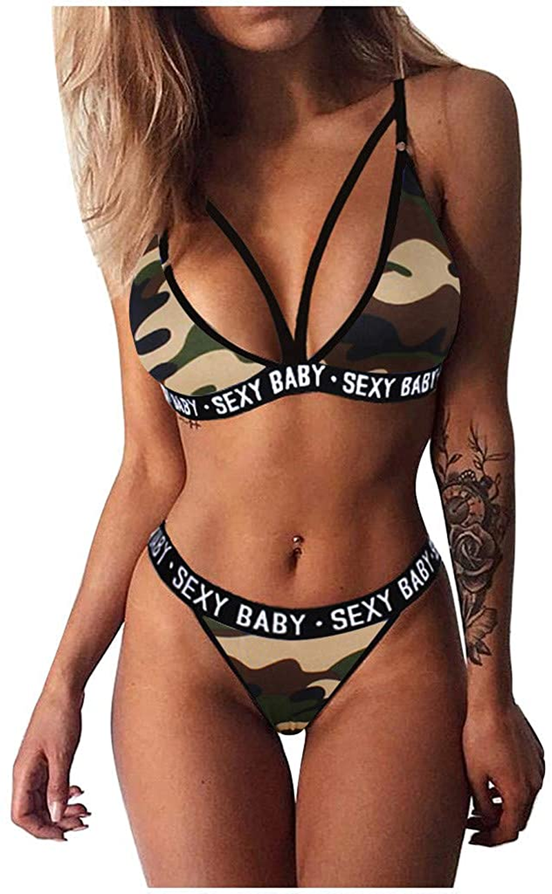 Women Sexy Lingerie Sleepwear Fashion Camo Print V-Collar Strappy Bra and Panty 2Pcs Sets Bodysuit Underwear Pajamas Apparel & Accessories > Clothing > Underwear & Socks > Lingerie Taswuw Army Green Small 