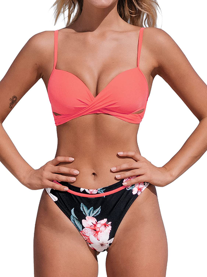 CUPSHE Women's Leafy Wrap Tie Bikini Set Halter Back Bow Low Waisted Bathing Suit Apparel & Accessories > Clothing > Swimwear KYLIE MAX Watermelon Large 