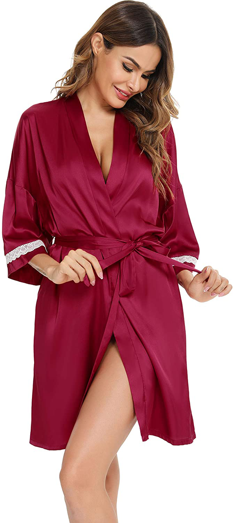 Vlazom Women'S Kimono Robes Short Satin Pure Color Bridal Party Robe with Oblique V-Neck Apparel & Accessories > Clothing > Sleepwear & Loungewear > Robes KYLIE MAX S-red XX-Large 