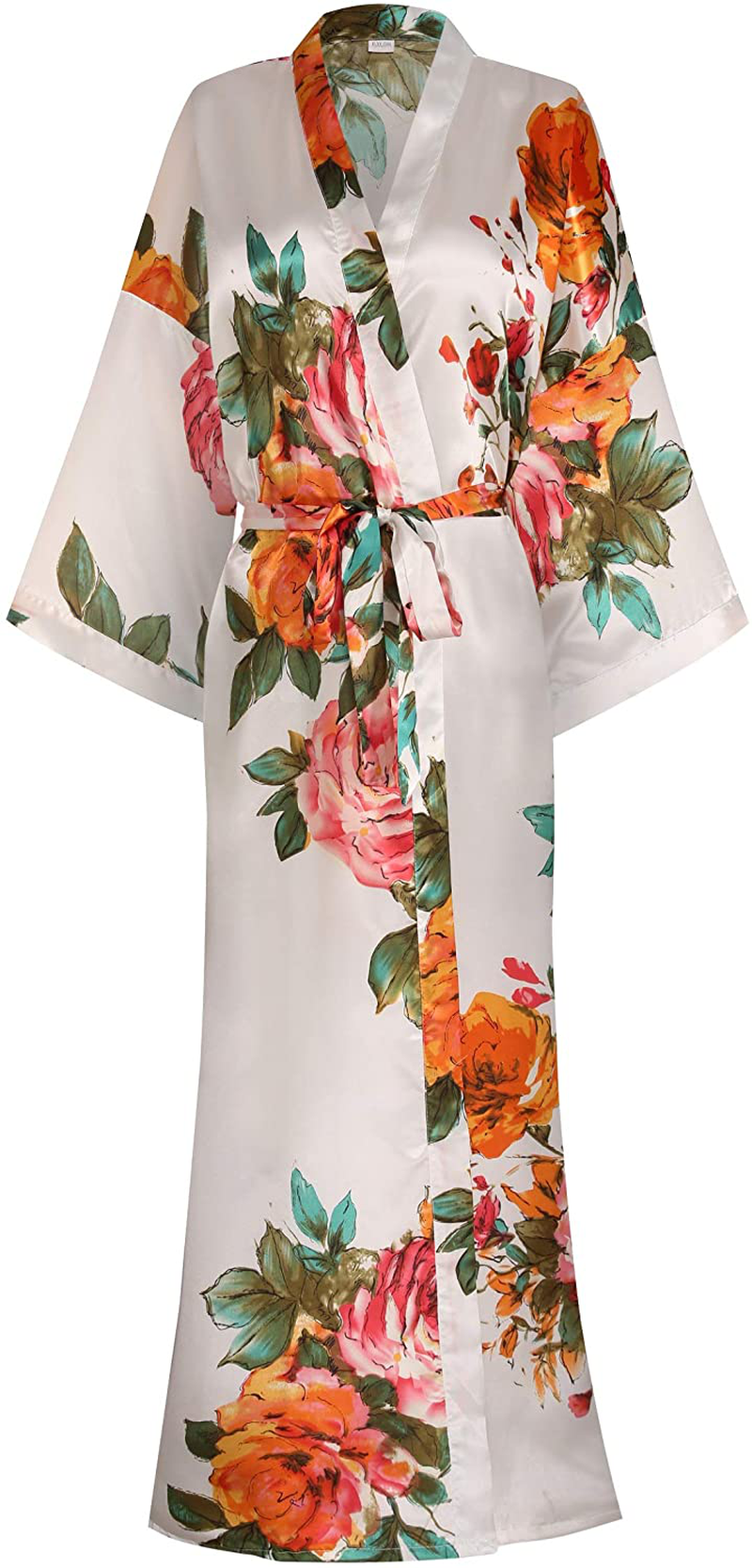 Women'S Long Floral Satin Kimono Robes Bridal Dressing Gown Wedding Bridesmaid Nightgown Apparel & Accessories > Clothing > Sleepwear & Loungewear > Robes goodmansam White X-Large-XX-Large 