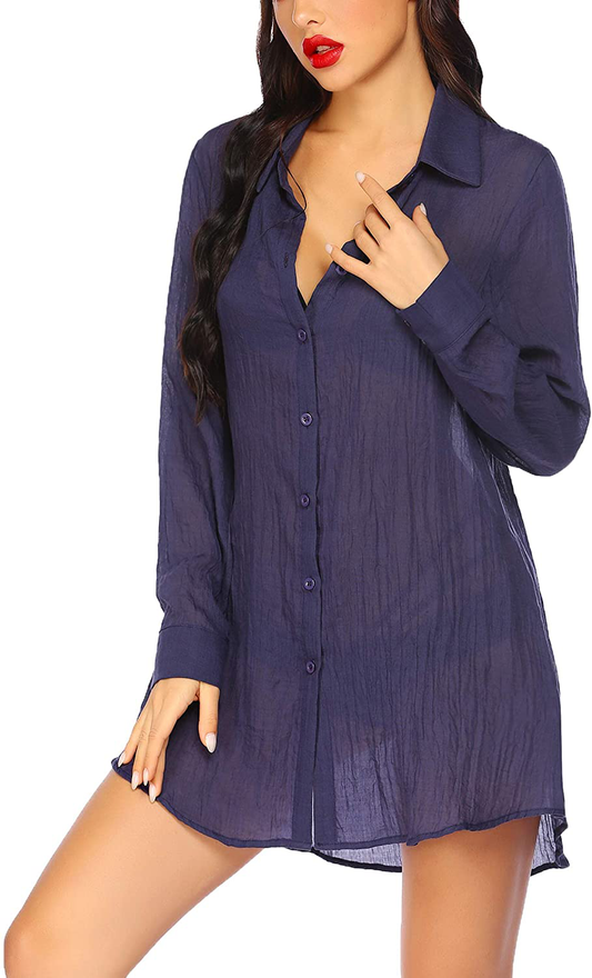 Ekouaer Button down Sleep Shirts for Women Sheer Long Sleeve Boyfriend Nightshirt S-XXL Apparel & Accessories > Clothing > Sleepwear & Loungewear > Nightgowns Kylie Max   