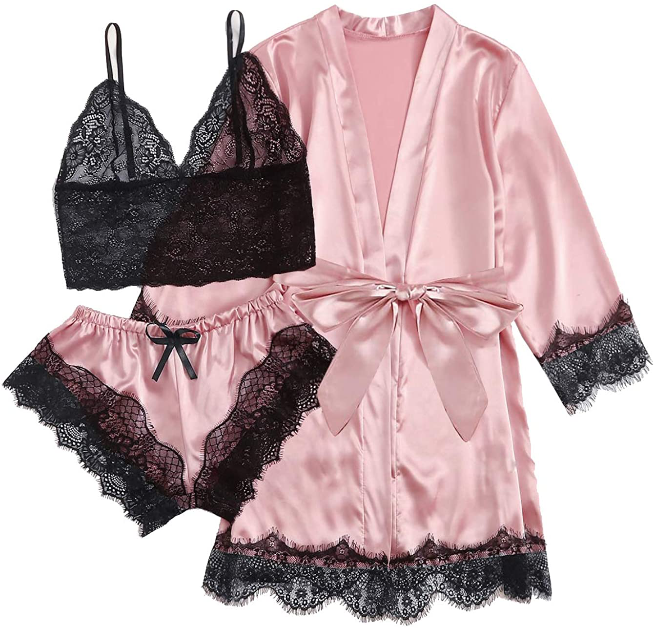 TAKOYI Women'S Sexy Lace 3 Piece Satin Robe and Pajama Set Cami Top Lingerie with Robe Camisole Shorts Apparel & Accessories > Clothing > Sleepwear & Loungewear Kylie Max   