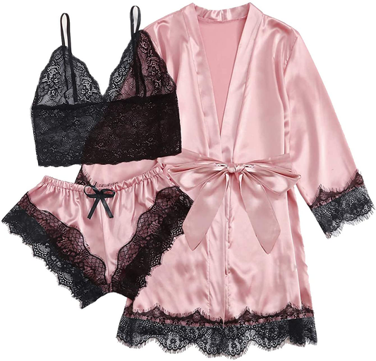 TAKOYI Women'S Sexy Lace 3 Piece Satin Robe and Pajama Set Cami Top Lingerie with Robe Camisole Shorts Apparel & Accessories > Clothing > Sleepwear & Loungewear Kylie Max   
