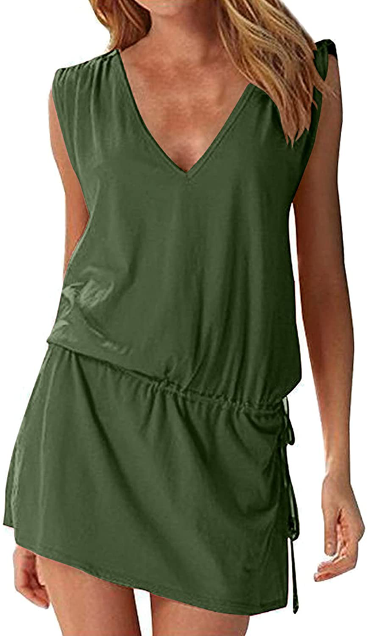 Hount Women'S Beach Swimsuit Cover up Deep V-Neck Short Mini Dress Beach Skirt Apparel & Accessories > Clothing > Swimwear Kylie Max   