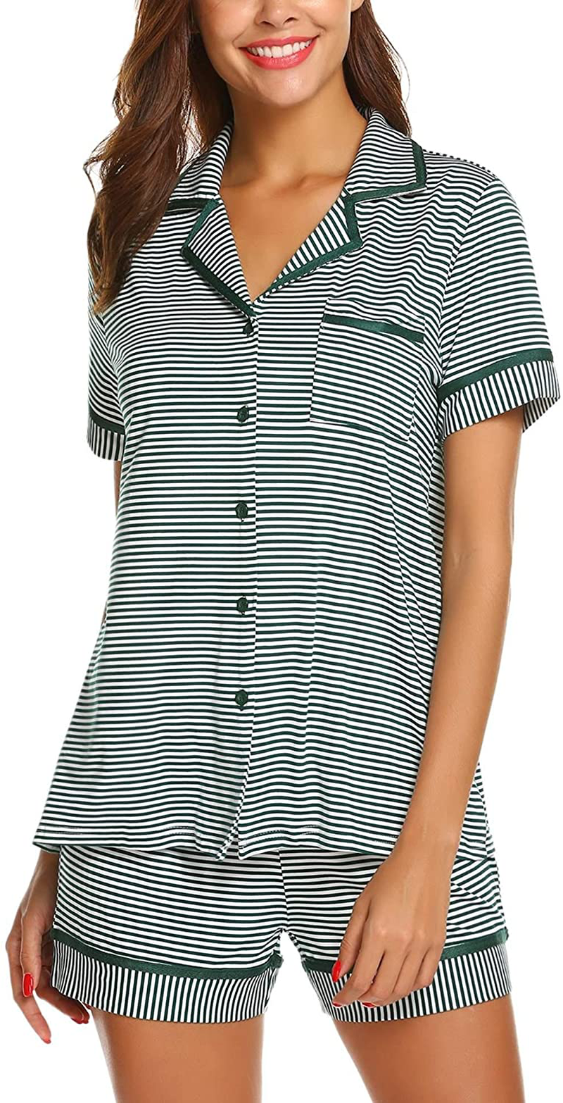 Ekouaer Pajamas Soft Striped Women's Short Sleeve Button Sleepwear Shorts Shirt PJ Set(S-XXL) Apparel & Accessories > Clothing > Sleepwear & Loungewear > Pajamas Ekouaer B-dark Green Striped Large 