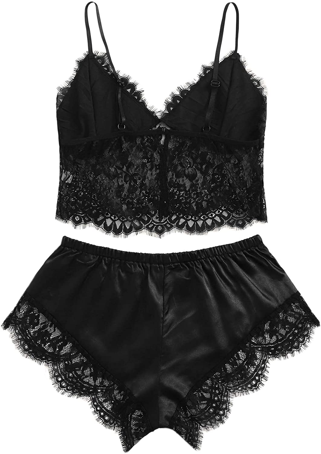 Verdusa Women'S Sleepwear V Neck Lace Wireless Cami Top & Satin Shorts Lingerie Chemise Pajama Set Apparel & Accessories > Clothing > Sleepwear & Loungewear Kylie Max   