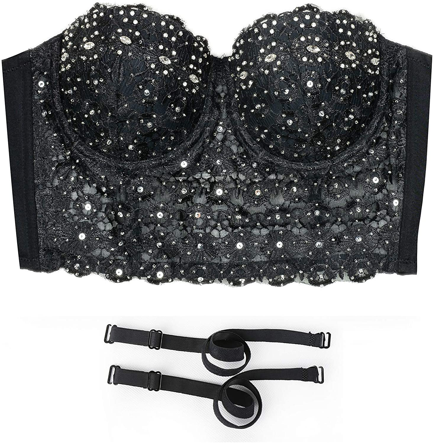 ELLACCI Women'S Natural Reigning Lace Rhinestone Bustier Crop Top Sexy Mesh Corset Top Bra Black Apparel & Accessories > Clothing > Underwear & Socks > Lingerie ELLACCI   