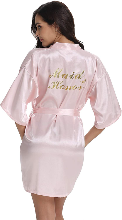 Vlazom Women'S Satin Robe Short Kimono for Bride & Bridesmaid Wedding Party Robes with Gold Glitter or Rhinestones Apparel & Accessories > Clothing > Sleepwear & Loungewear > Robes KYLIE MAX Pink(maid of Honor) X-Large 
