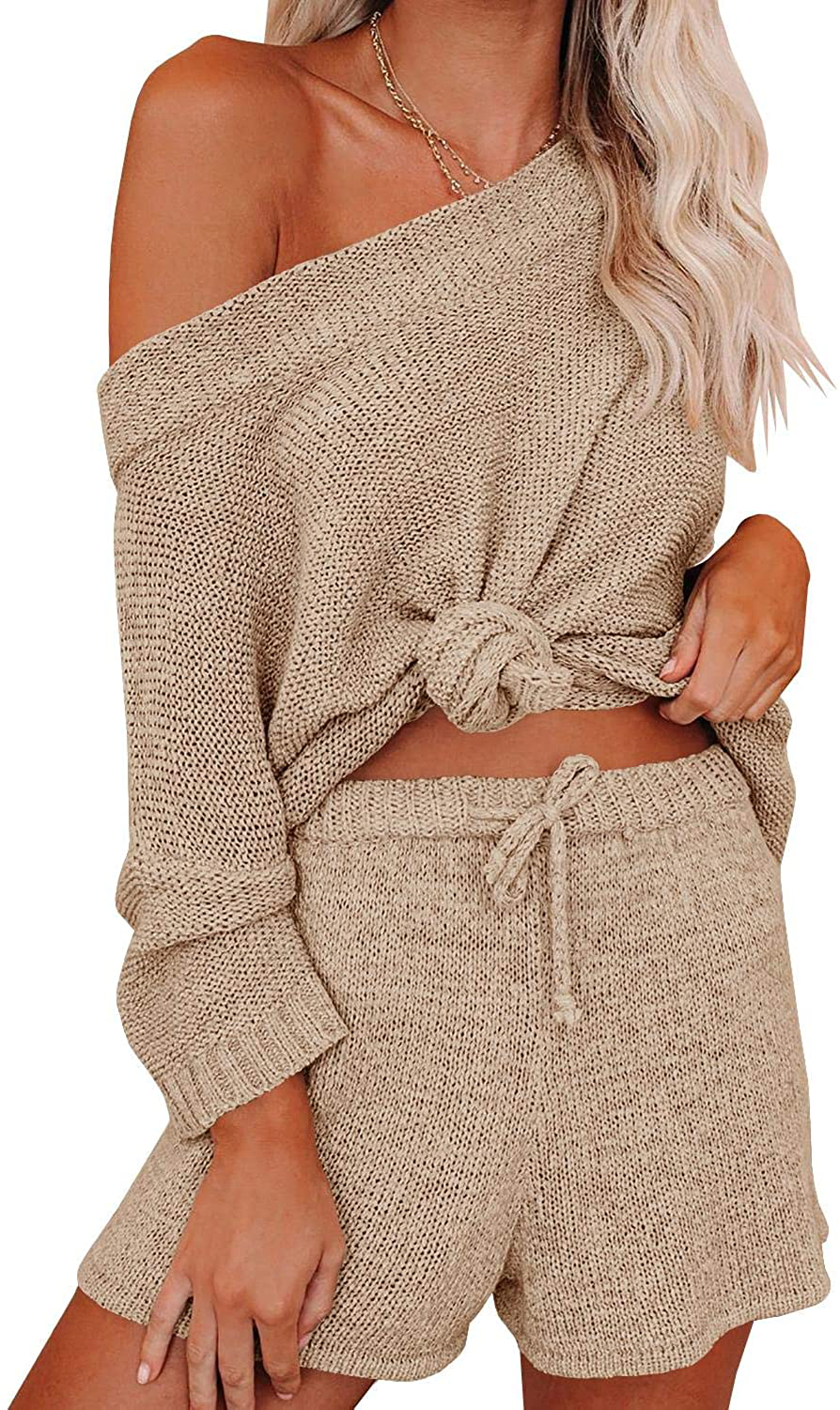 Ermonn Womens 2 Piece Outfits Sweater Sets off Shoulder Knit Tops Waist Short Suits Casual Pajama Set Apparel & Accessories > Clothing > Sleepwear & Loungewear Kylie Max   