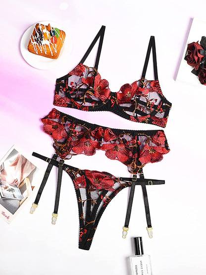Kaei&Shi Floral Embroidered,Underwire Bra,Thong,3 Piece,Garter Lingerie for Women Apparel & Accessories > Clothing > Underwear & Socks > Lingerie Kaei&Shi   