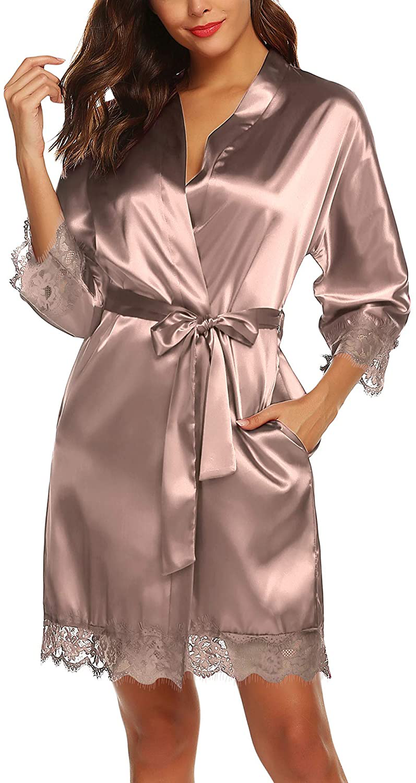 URRU Women'S Satin Silk Bathrobe Oblique V-Neck Short Kimono Robe Bridesmaids Robe S-XXXL Apparel & Accessories > Clothing > Sleepwear & Loungewear > Robes KYLIE MAX Cappuccino XX-Large 