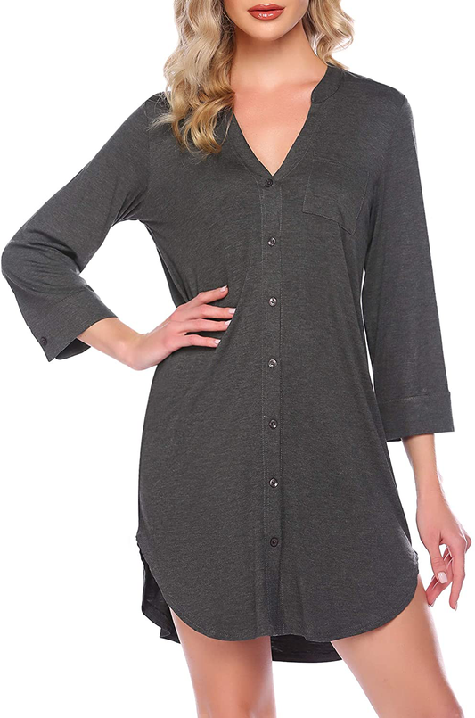 Ekouaer Women'S Nightgown Striped Sleepwear 3/4 Sleeves Nightshirts Soft Button Sleep Dress Apparel & Accessories > Clothing > Sleepwear & Loungewear > Nightgowns Kylie Max   