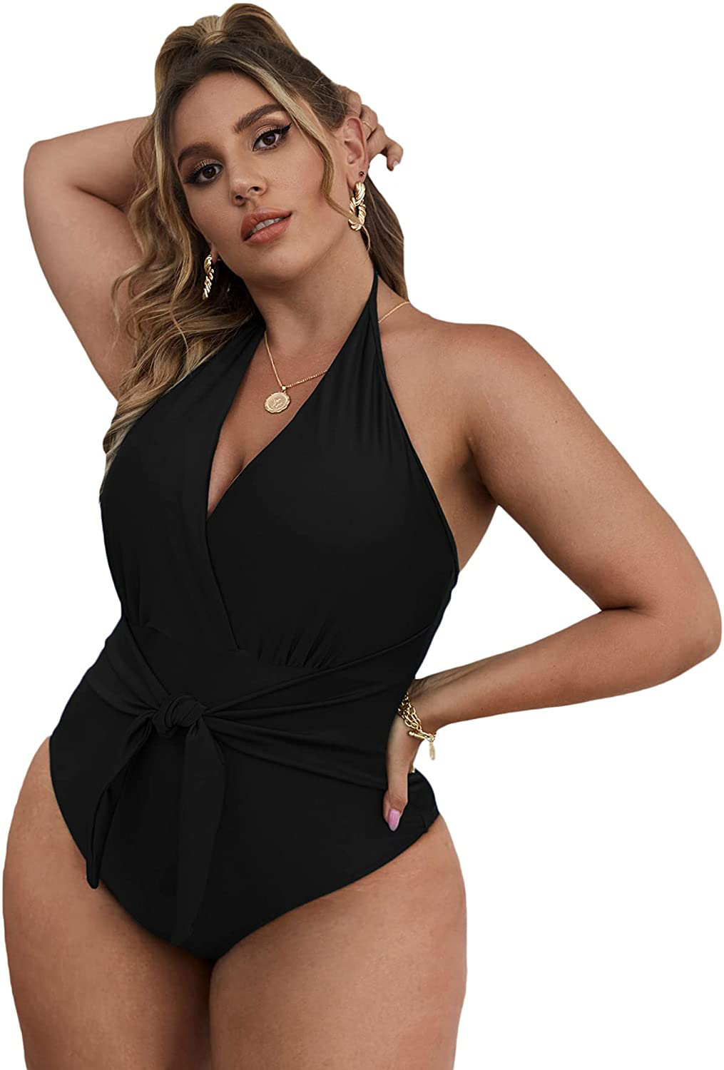 Shein Women'S plus Size Halter Neck Tie Back Knot Front One Piece Bikini Swimsuit Apparel & Accessories > Clothing > Swimwear Kylie Max   
