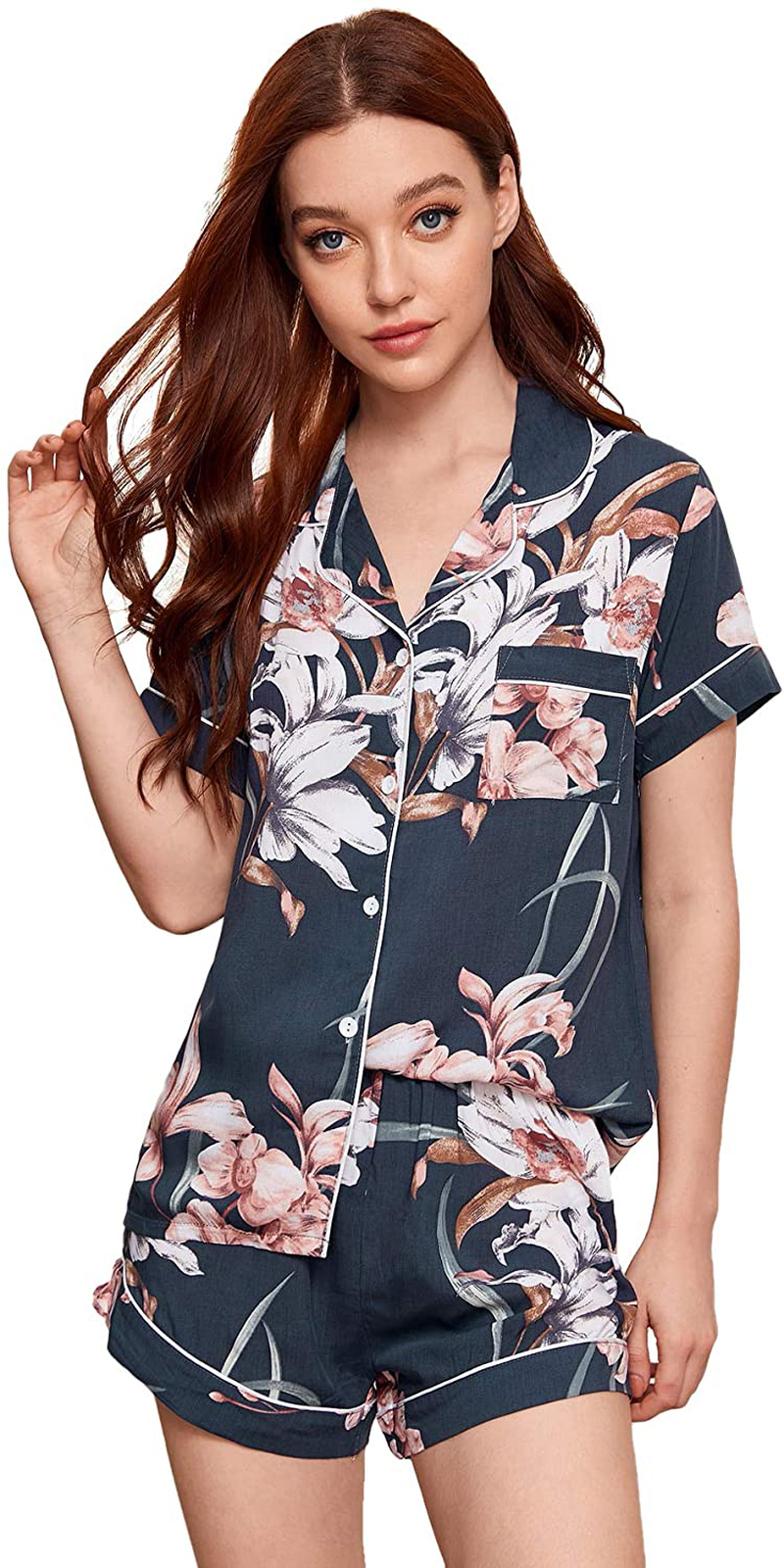 Floerns Women's Notch Collar Palm Leaf Print Sleepwear Two Piece Pajama Set Apparel & Accessories > Clothing > Sleepwear & Loungewear > Pajamas Floerns Multi Flower X-Large 