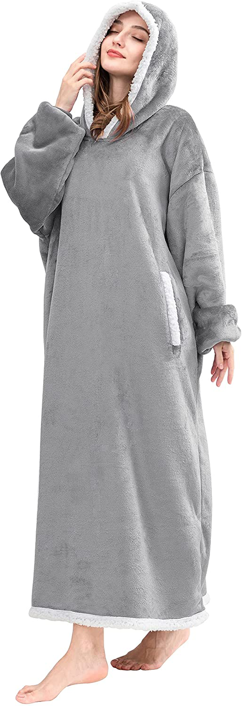 HBlife Oversized Long Wearable Blanket Hoodie for Adult, Thick Sherpa Sweatshirt with Elastic Sleeves and Giant Pockets Super Warm and Cozy Fuzzy Plush Fleece Blanket Jacket, Blue Arts & Entertainment > Party & Celebration > Gift Giving HBlife Light Grey Adult-Long 