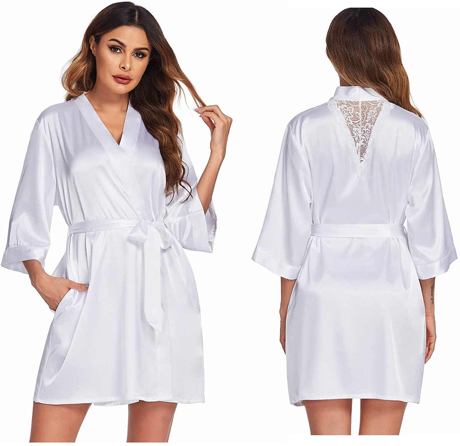 Ekouaer Women Satin Kimono Robes Sexy Silky Bathrobe Lace V-Neck Bridesmaid Bride Party Robe Soft Sleepwear with Pocket Apparel & Accessories > Clothing > Sleepwear & Loungewear > Robes Ekouaer White Large 