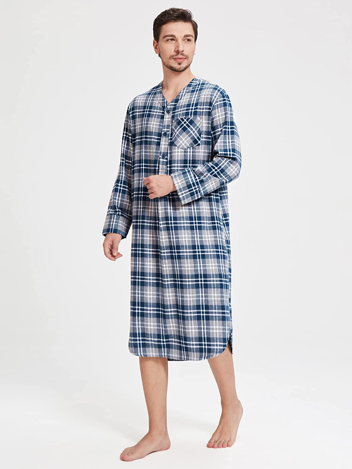 SIORO Men'S Flannel Nightshirt Plaid Cotton Nightwear Loose Pajama Sleep Shirt Apparel & Accessories > Clothing > Sleepwear & Loungewear > Nightgowns Kylie Max   