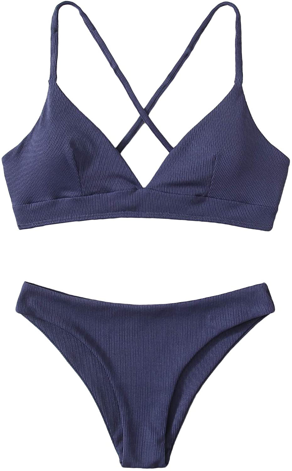 SweatyRocks Women's Bathing Suits Spaghetti Strap Criss Cross Back Bikini Ribbed Swimsuit Apparel & Accessories > Clothing > Swimwear SweatyRocks Navy Blue Small 