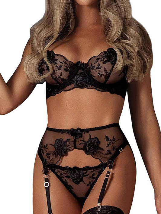 Kaei&Shi Floral Embroidered Mesh Sheer,Underwire Satin Bow,High Cut Thong,Belt Garter Lingerie Apparel & Accessories > Clothing > Underwear & Socks > Lingerie Kaei&Shi Black 8-10 