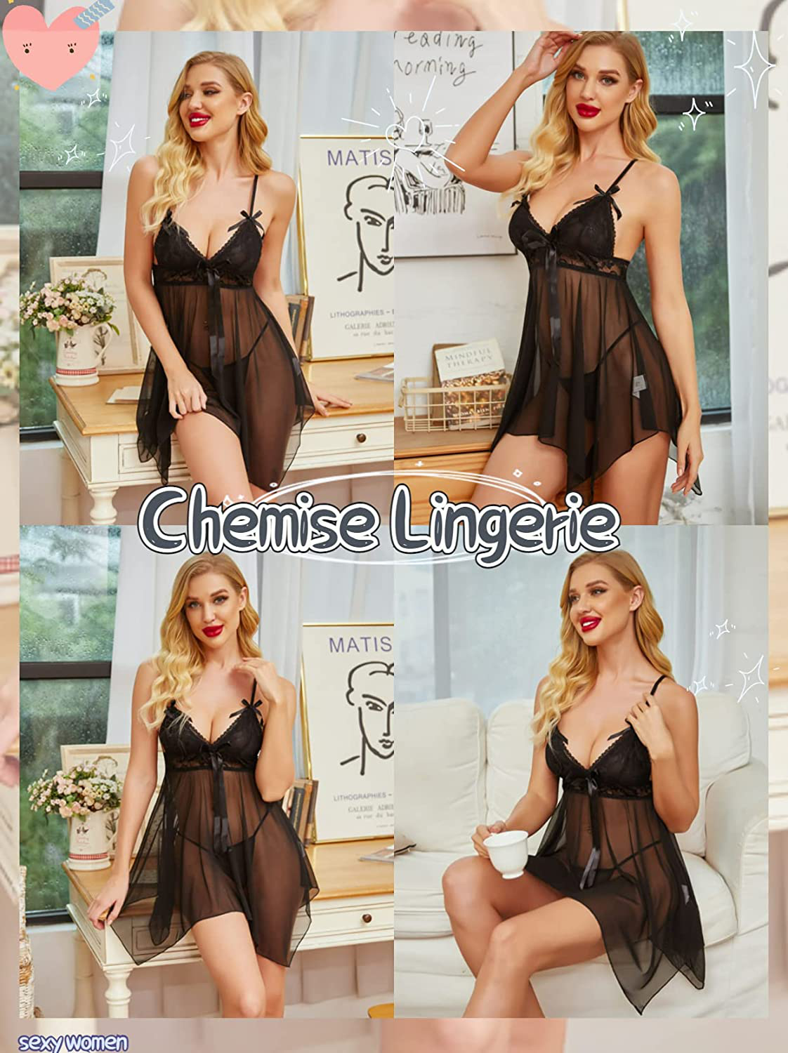 Avidlove Women Sexy Lingerie Lace Babydoll Nightdress Mesh Chemise V Neck Sleepwear Apparel & Accessories > Clothing > Underwear & Socks > Lingerie Kylie Max   