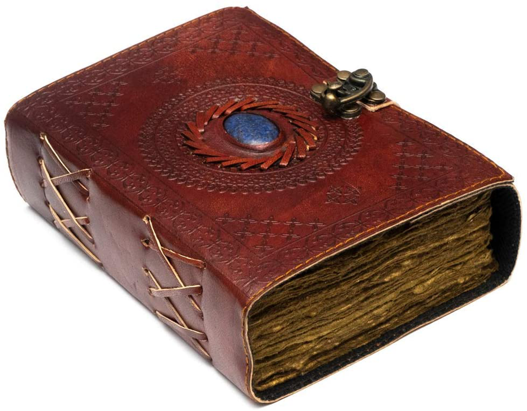 Large Leather Journal with Semi Precious Stone - Lock Closure, 240 pages Antique Deckle Edge Paper - Book of Shadows, Grimoire Journal, Witch Journal for Men and Women - 11.5" x 8.25" Arts & Entertainment > Party & Celebration > Gift Giving NomadCraftsCo. Red Brown 11.5" x 8.25" (A4) 