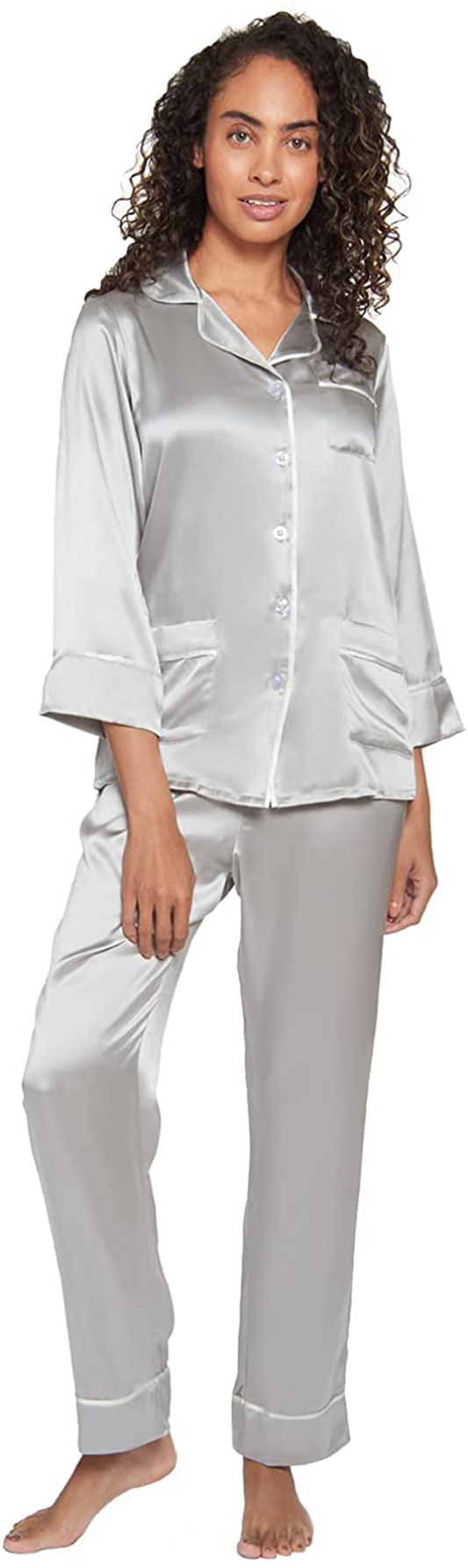 MYK 100% Mulberry Silk Classic Two Piece Pajama Set Button down Long Length for Women Apparel & Accessories > Clothing > Sleepwear & Loungewear > Pajamas Kylie Max   