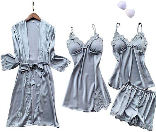 SAPJON Women'S 4Pcs Silk Satin Pajama Set Sexy Cami Top Nightgown Lace Sleepwear Robe Sets Nightdress with Chest Pads Apparel & Accessories > Clothing > Sleepwear & Loungewear Kylie Max   