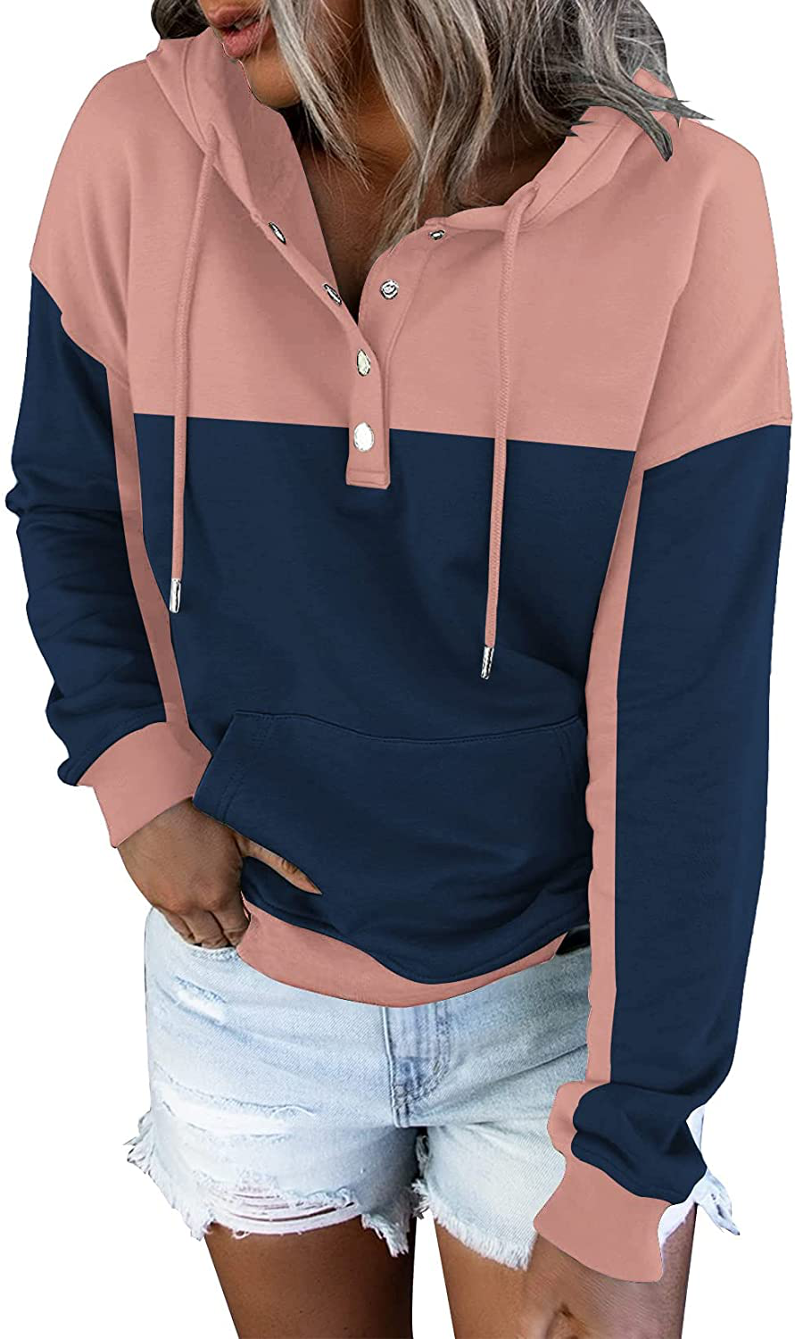 ETCYY Women'S Color Block Hoodies Tops Long Sleeve Casual Drawstring Button down Pullover Sweatshirt with Pocket Apparel & Accessories > Clothing > Activewear Kylie Max   