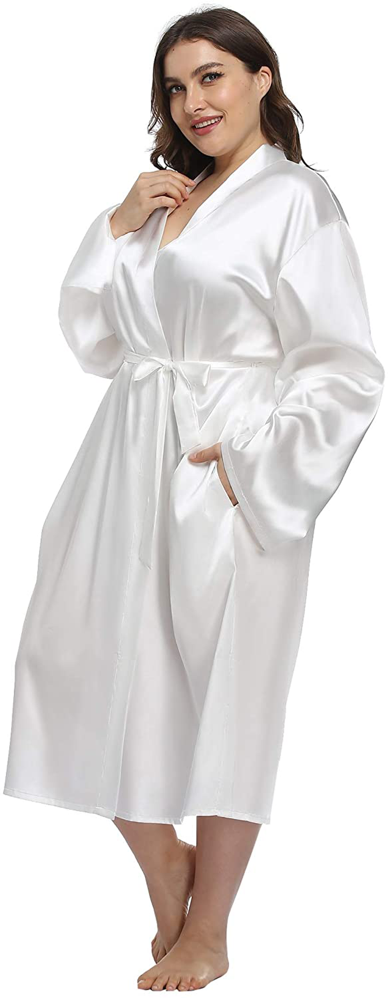 Ifigure Women'S plus Size Satin Robe Long Bathrobes Dressing Gown Soft Sleepwear Apparel & Accessories > Clothing > Sleepwear & Loungewear > Robes iFigure White 1X 