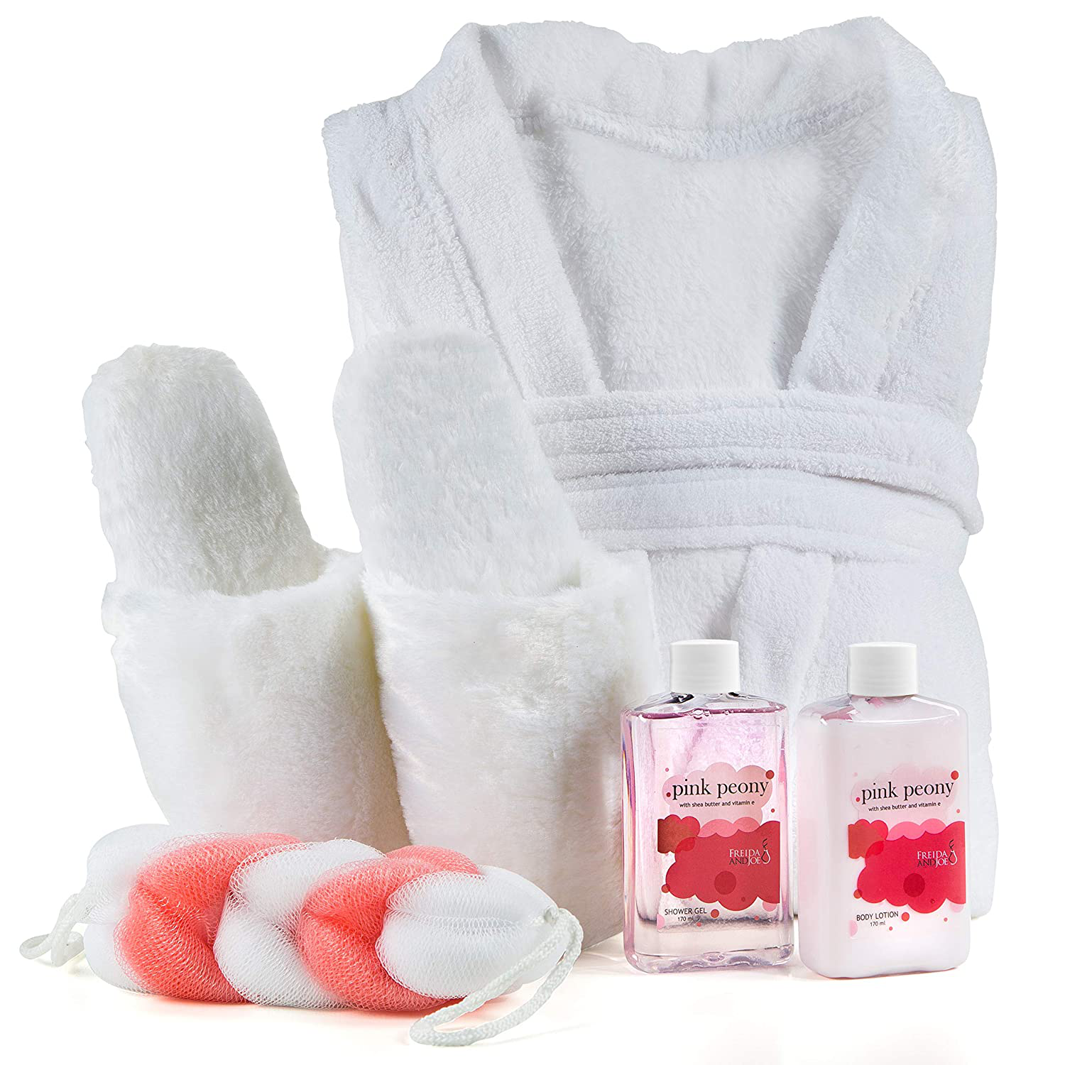 Home Spa Gift Basket Luxury Bathrobe & Slipper Spa Box for Women - Pink Peony Scent - Luxury Bath & Body Set for Women - Body Lotion, Shower Gel, Puff, Ultra Soft Full Length Bathrobe, Plush Slippers Apparel & Accessories > Clothing > Sleepwear & Loungewear > Robes Kylie Max   