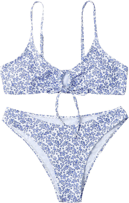 SOLY HUX Women's Floral Print Tie Front Bikini Bathing Suit 2 Piece Swimsuits Apparel & Accessories > Clothing > Swimwear KYLIE MAX Royal Blue Ditsy Large 
