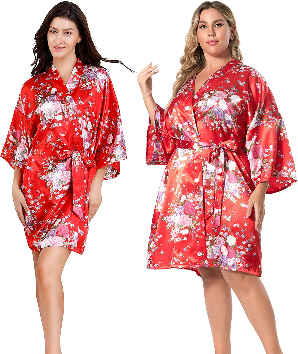 EPLAZA Women Floral Satin Robe Bridal Dressing Gown Wedding Bride Bridesmaid Kimono Sleepwear Apparel & Accessories > Clothing > Sleepwear & Loungewear > Robes EPLAZA Red Small-Medium 