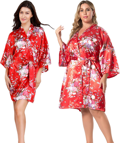 EPLAZA Women Floral Satin Robe Bridal Dressing Gown Wedding Bride Bridesmaid Kimono Sleepwear Apparel & Accessories > Clothing > Sleepwear & Loungewear > Robes EPLAZA Red Small-Medium 