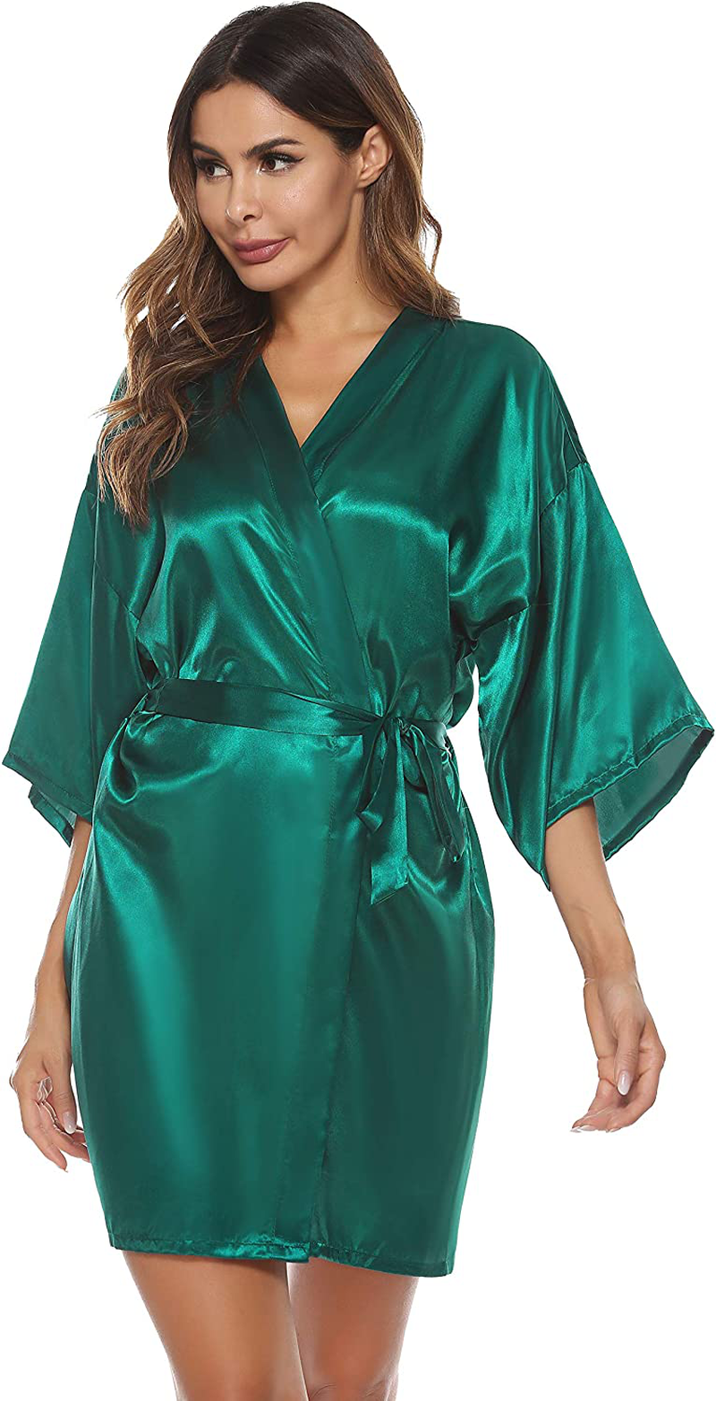 Vlazom Women'S Kimono Robes Short Satin Pure Color Bridal Party Robe with Oblique V-Neck Apparel & Accessories > Clothing > Sleepwear & Loungewear > Robes KYLIE MAX Green X-Large 