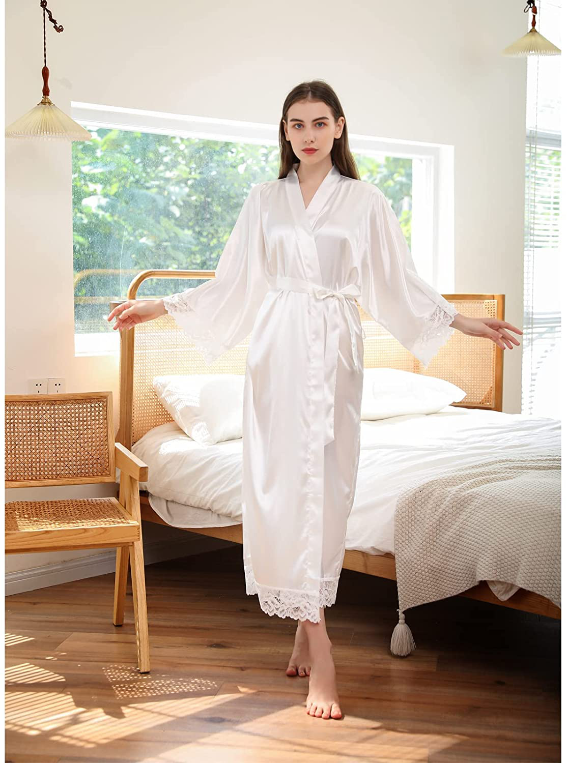 Asvioya Lace Kimono Robe for Women, Silk Robe, Satin Long Robe for Wedding, Night Gown for Ladies Women Bridal Loung Apparel & Accessories > Clothing > Sleepwear & Loungewear > Robes Asvioya   