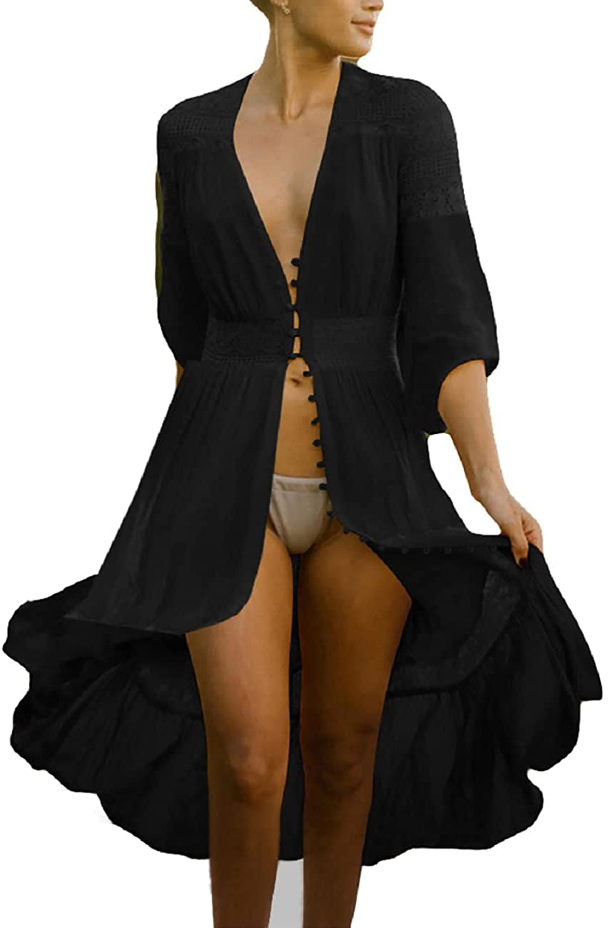 Bsubseach Women Sexy Lace Crochet Open Front Swimsuit Beach Long Kimono Cover Ups Apparel & Accessories > Clothing > Swimwear Kylie Max   