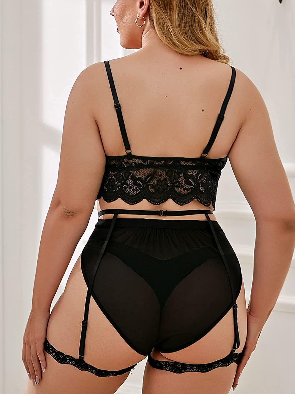 Kaei&Shi Floral Lace,V Neck Bralette,High Waisted Panty,Thigh Straps Belt,Plus Size Garter Lingerie Apparel & Accessories > Clothing > Underwear & Socks > Lingerie Kaei&Shi   