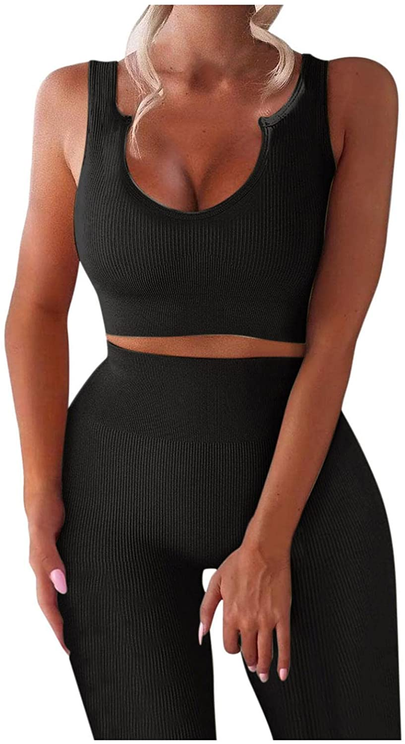 Burband Womens Solid Color 2 Piece Tracksuit High Waist Leggings Sport Bra Yoga Seamless Texture Bodysuit Workout Outfits Apparel & Accessories > Clothing > Underwear & Socks > Shapewear Burband Black Small 