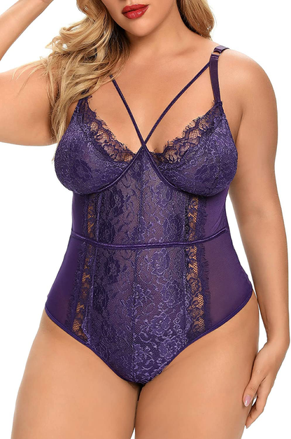 Plus Size Lingerie for Women Sexy Eyelash Lace Bodysuit Naughty Mesh One Piece Teddy Outfits Apparel & Accessories > Clothing > Underwear & Socks > Lingerie Ella Lust Purple 3X-Large 