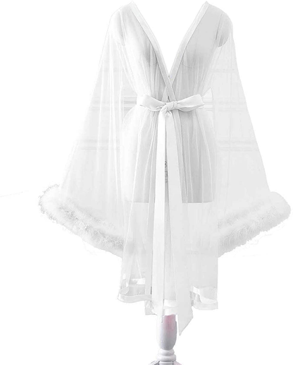 Changuan Sexy Illusion Long Lingerie Robe Nightgown Bathrobe Sleepwear Feather Bridal Robe Wedding Scarf Apparel & Accessories > Clothing > Dresses Changuan Short-white Small-Medium 