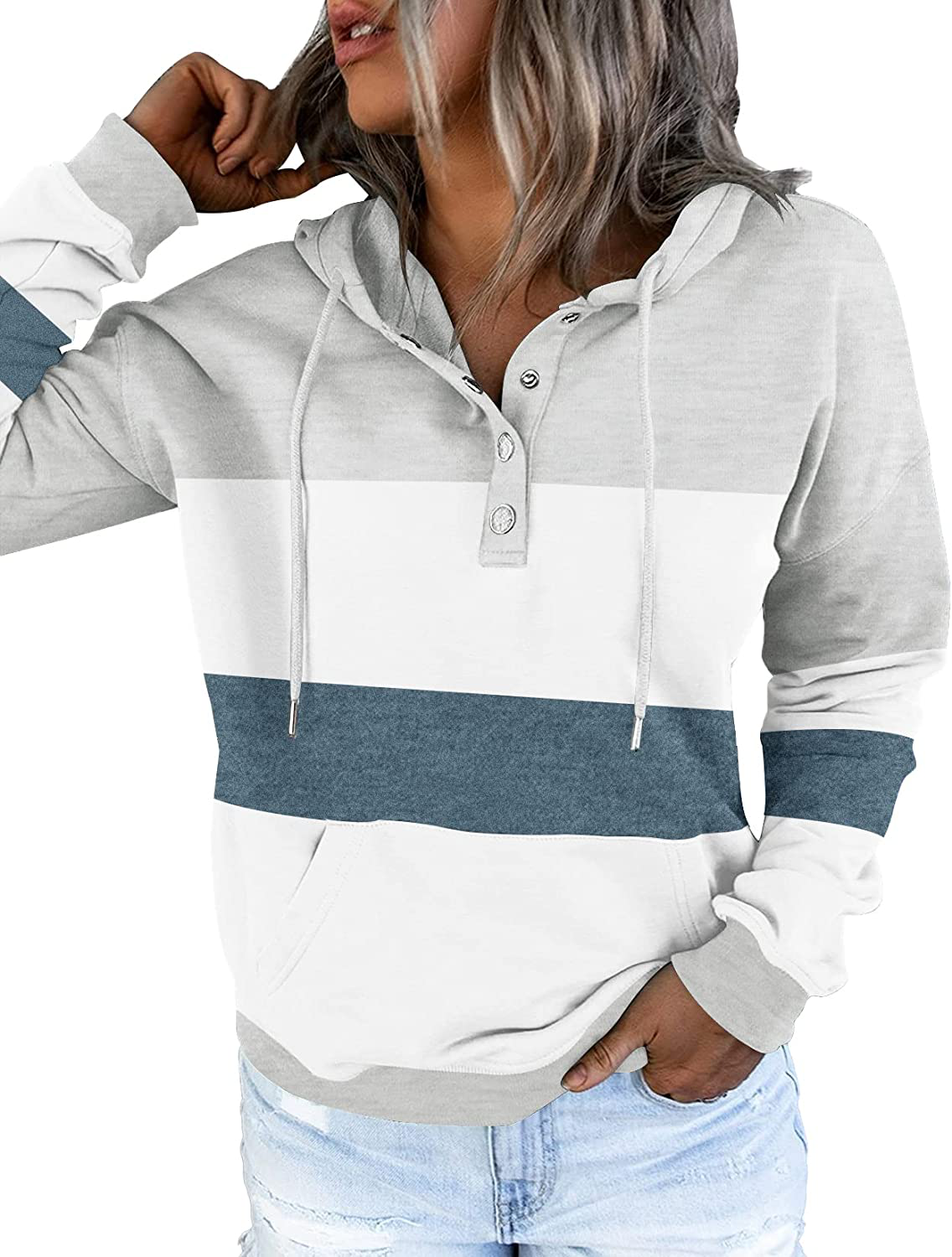 ETCYY Women'S Color Block Hoodies Tops Long Sleeve Casual Drawstring Button down Pullover Sweatshirt with Pocket Apparel & Accessories > Clothing > Activewear Kylie Max   