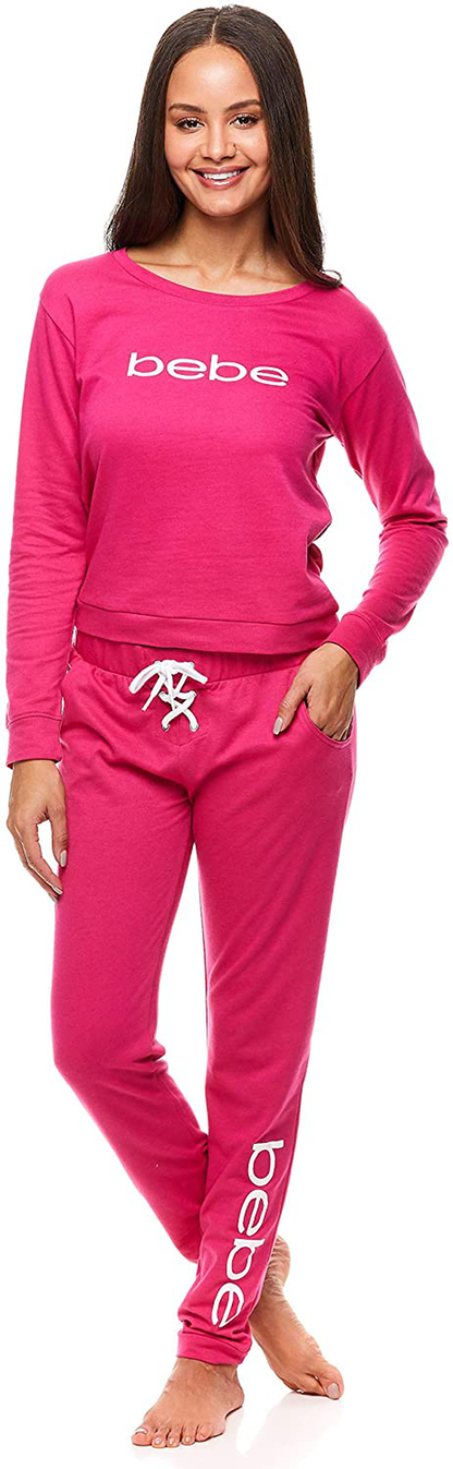 bebe Womens Cuffed Long Sleeve Shirt and Skinny Lounge Pajama Pants Sleep Set Apparel & Accessories > Clothing > Sleepwear & Loungewear > Pajamas bebe Fuchsia W/ Pockets Large 
