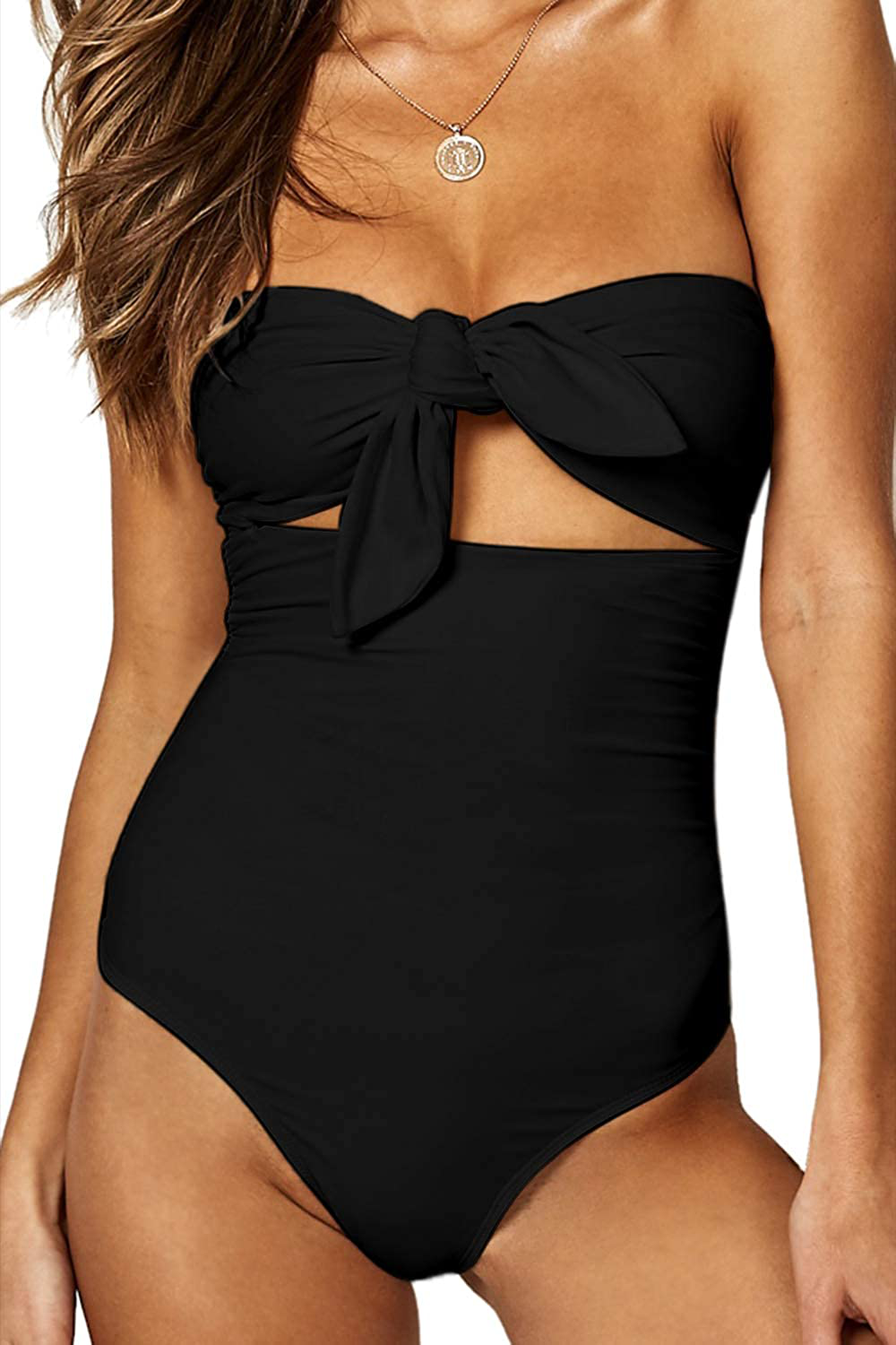 QINSEN Womens Sexy Strapless Tie Knot Front High Waist One Piece Swimsuit Apparel & Accessories > Clothing > Swimwear Kylie Max   