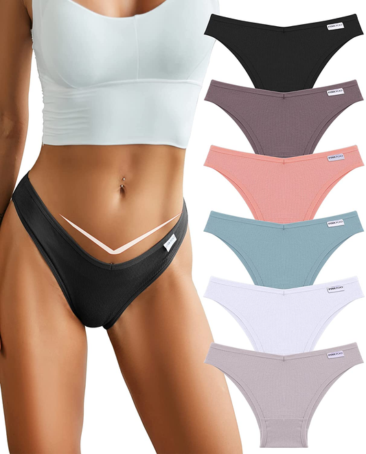 FINETOO 6 Pack Womens Cotton Underwear Sexy V-Waist Bikini Panties Ladies Brazilian Hipster Cheeky S-XL  KYLIE MAX Solid a X-Large 
